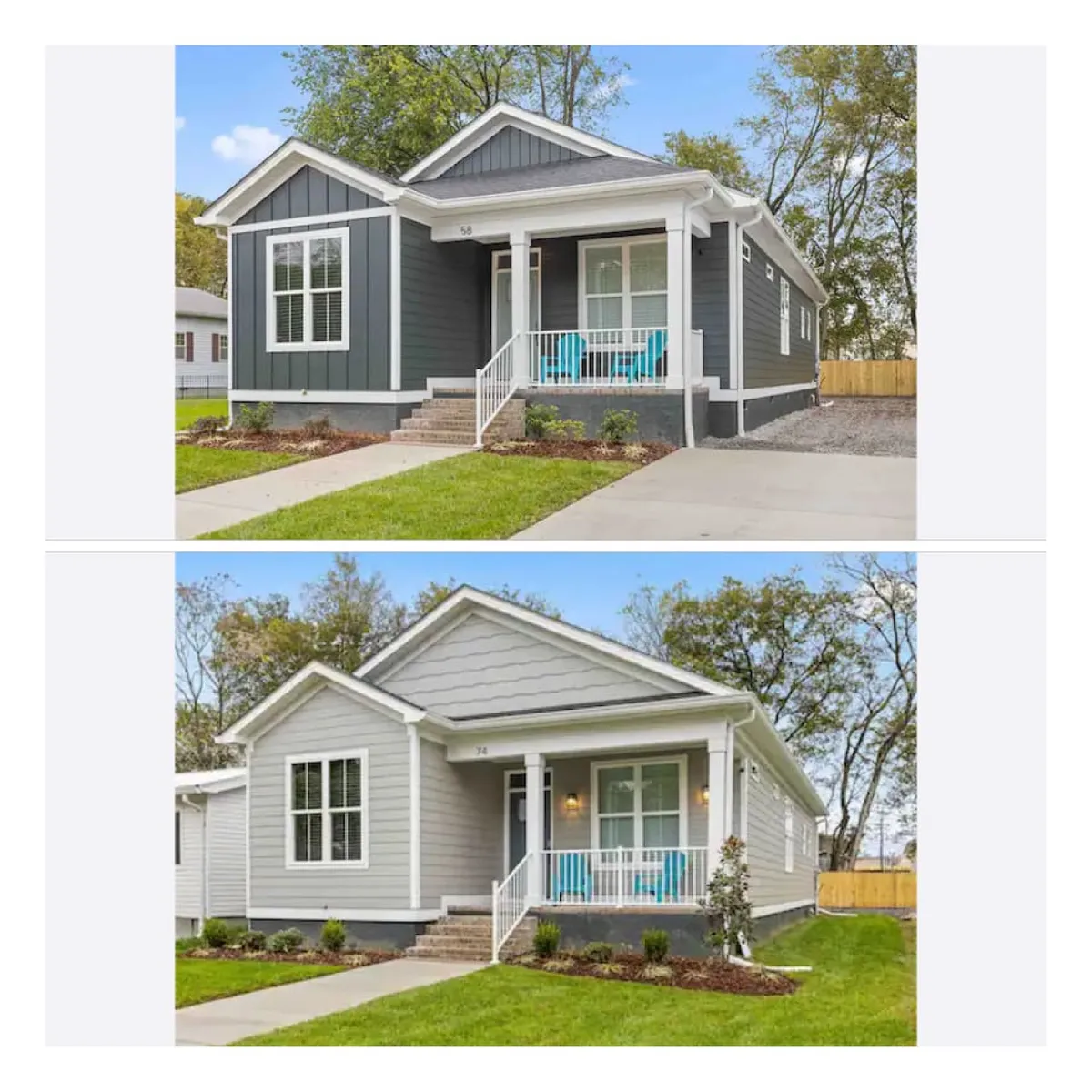 A welcoming exterior scene featuring a front porch adorned with colorful chairs, lush landscaped garden elements, and a view that invites visitors to sit and relax outdoors. The setup suggests a space ideal for group gatherings or informal conversations.